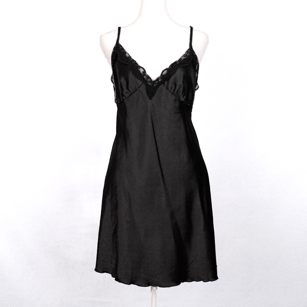 Black Satin Slip Dress Sheer Butterfly Lace LARGE Fairycore Whimsigoth Romantic - Picture 4 of 6